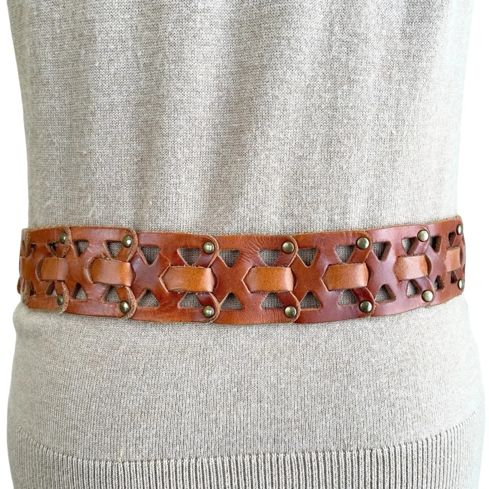 Cognac Brown Wide Waist Oversized Studded Leather Belt Festival 90s Size S